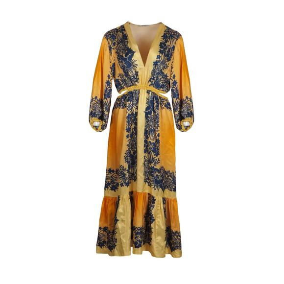 SANDRO PARIS Ocher Viscose Midi Dress In Yellow Blue Sz 40 / US8 MSRP $595 New - Picture 1 of 16